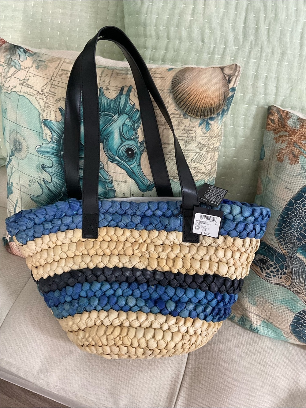 Club Monaco Blue and Natural Braided Straw Tote with Black Handles